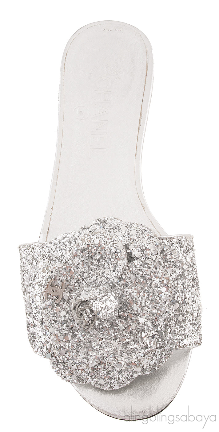 Camellia Floral Glitter Flat Mule