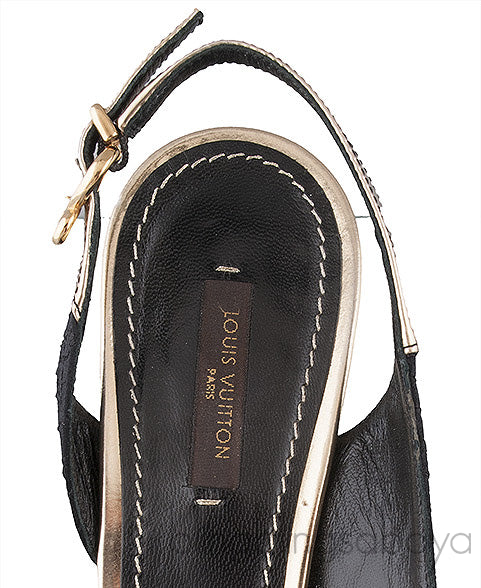 Gold Leather Black Fabric Slingback