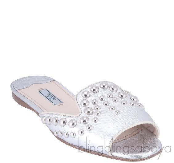 Studs Silver Saffiano Open Toe Slide