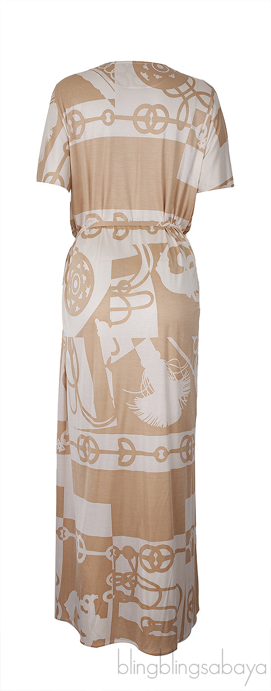 Beige Printed Belted Dress