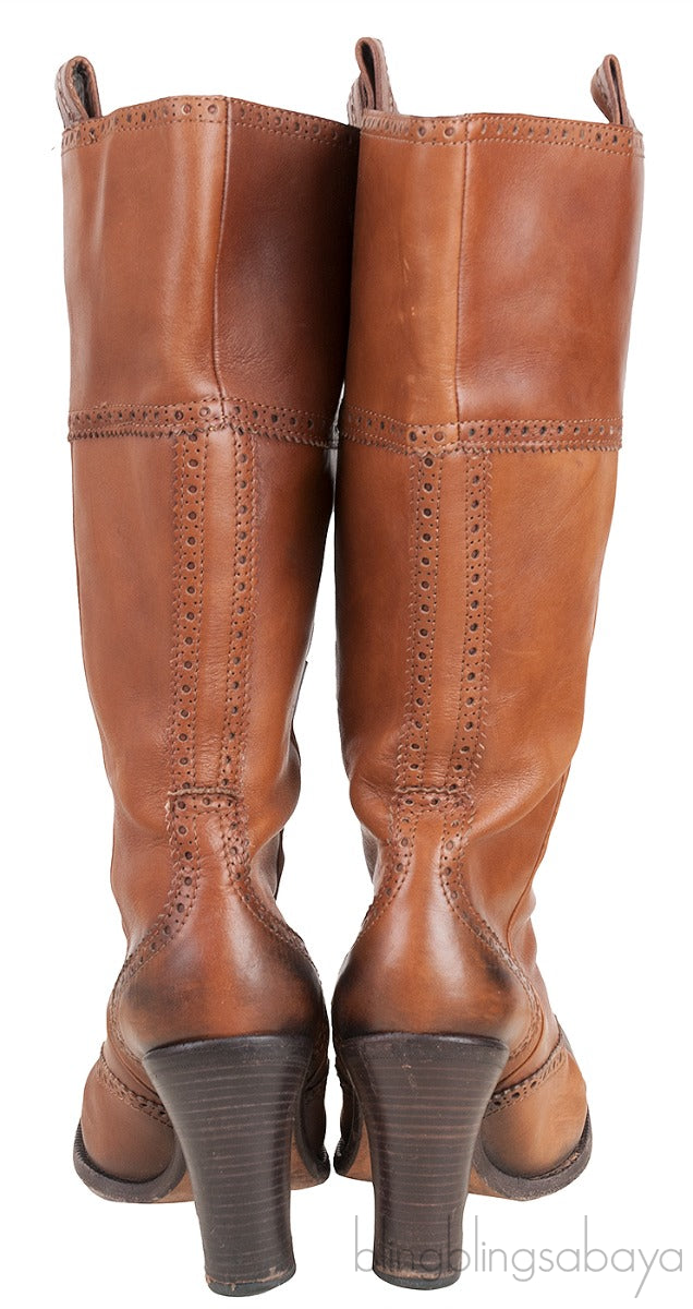 Brown Brogue Perforated High Boots