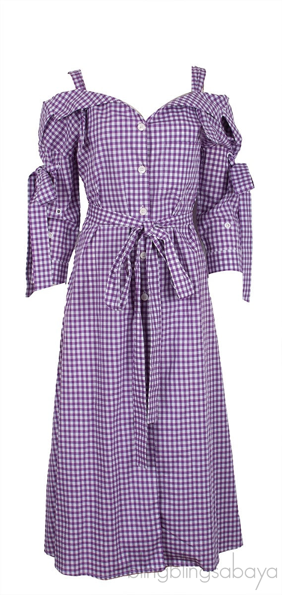 Purple Checkered Print Off-Shoulder Dress