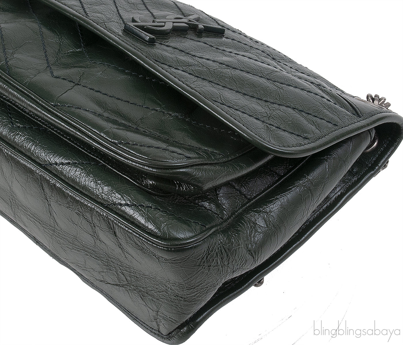 Yves Saint Laurent  Nikki Forest Green Medium Crinkled Leather Shoulder Bag