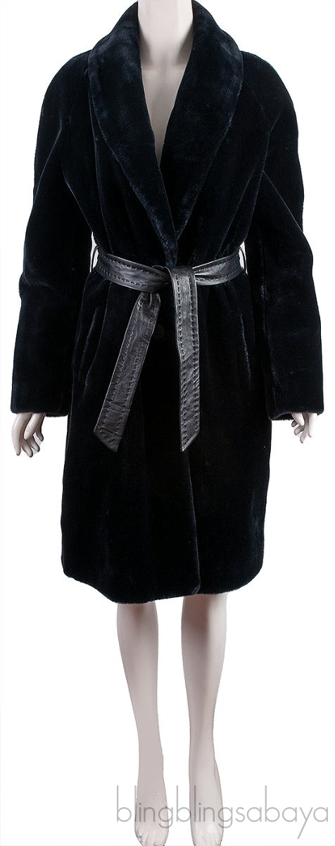 Black Acrylic Fux Fur Coat  w/ Belt