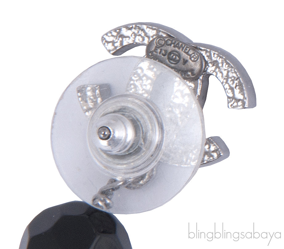 Silver CC Black Crystal Drop Earrings