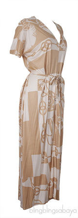 Beige Printed Belted Dress