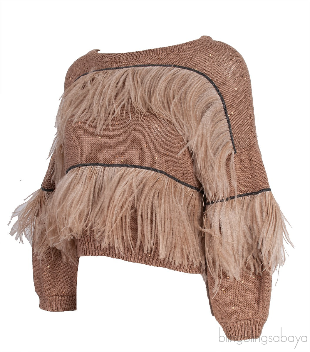 Brown Feather Embellished Sweatshirt