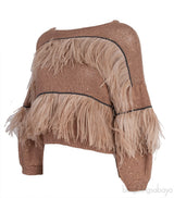 Brown Feather Embellished Sweatshirt