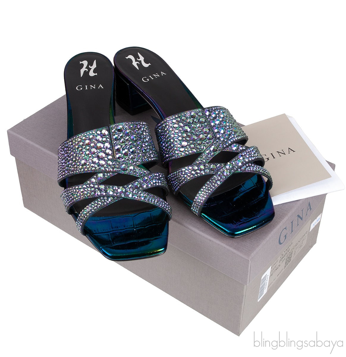 Petrol Patent Croc Embossed Crystal Heeled Sandals