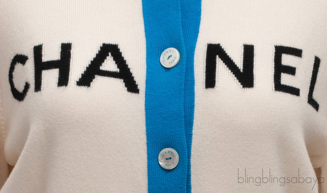 White and Blue Logo Knit Cashmere Cardigan
