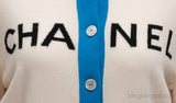 White and Blue Logo Knit Cashmere Cardigan