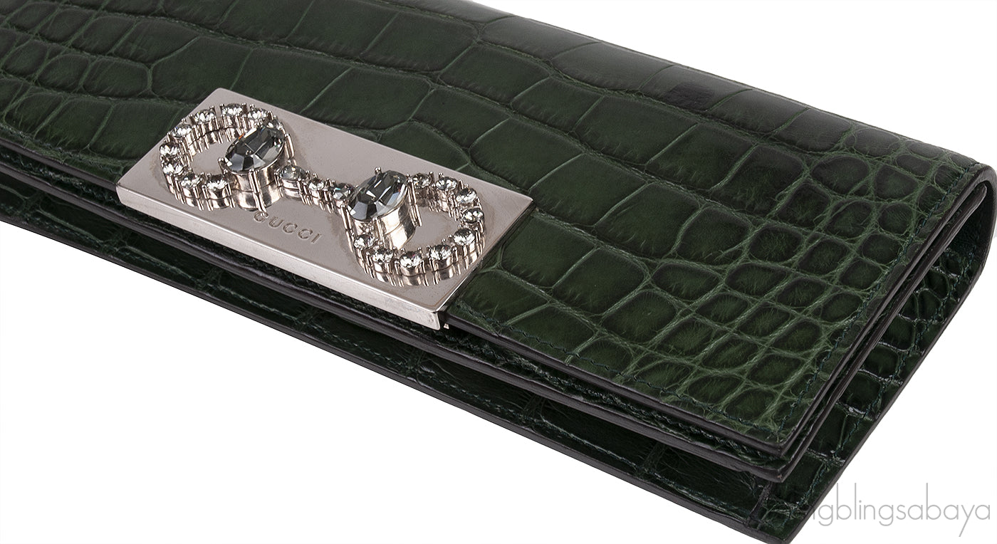 Crystal Embellished Horsebit Green Crocodile Mini Clutch