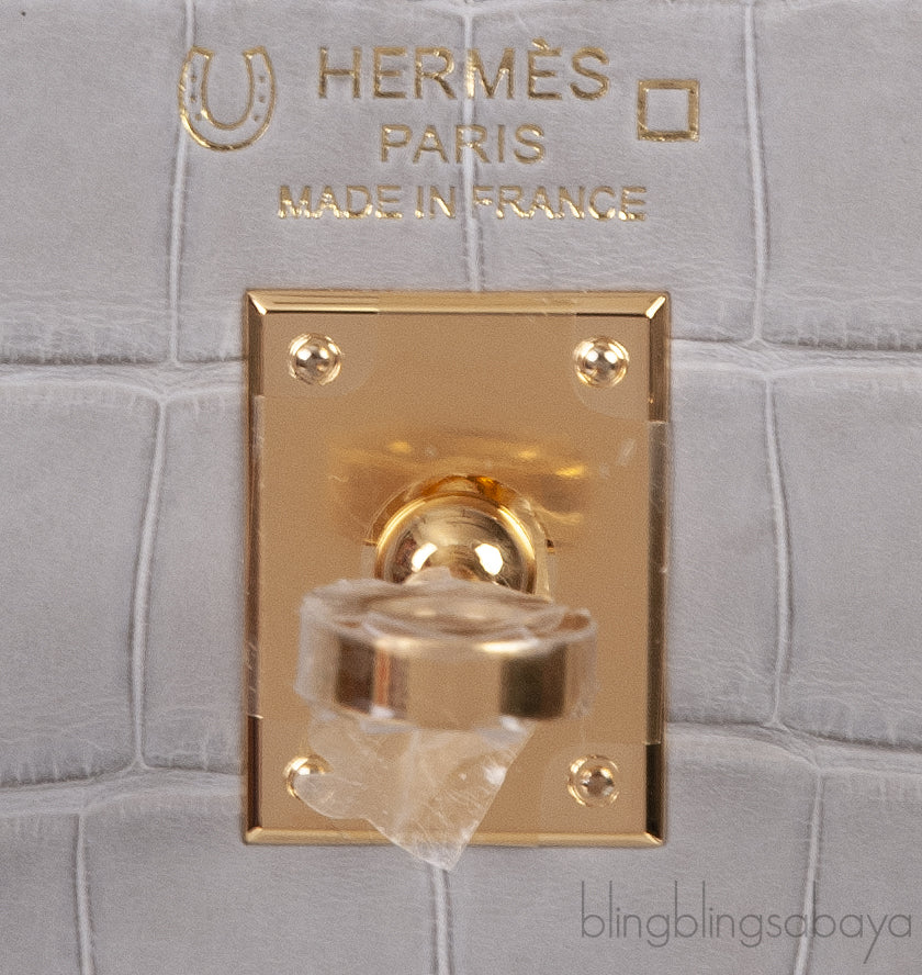 Hermes Special Order Kelly 25 Matte Gris Perle Crocodile and Toffee GHW