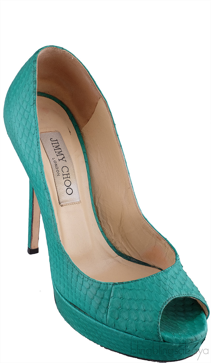 Green Snakeskin Peep Toe Heels