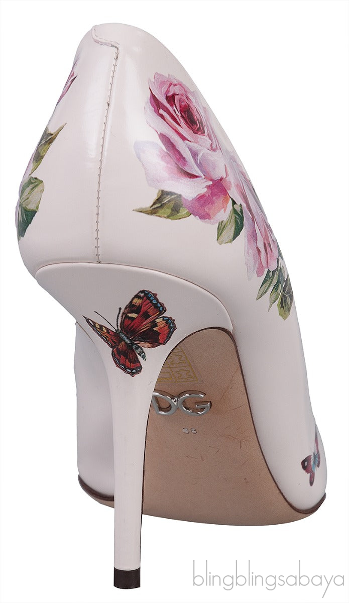 Jeweled Floral Print Leather Heels