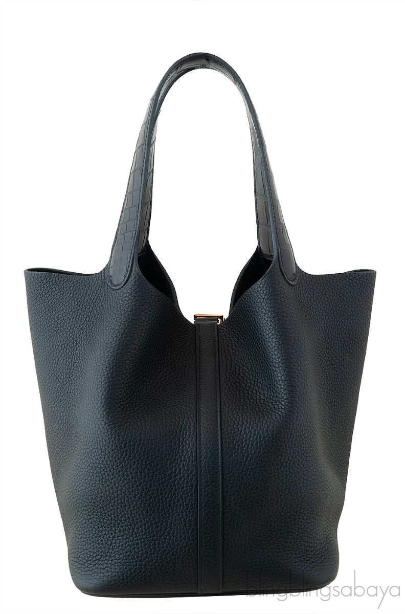 Hermes Picotin 22 Touch Black Matte Crocodile Handle Bag