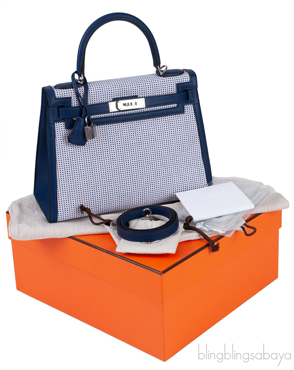 Kelly 28 Sellier Toile Quadrille Veau Swift Ecru-Mauve-Blue