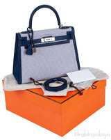 Kelly 28 Sellier Toile Quadrille Veau Swift Ecru-Mauve-Blue