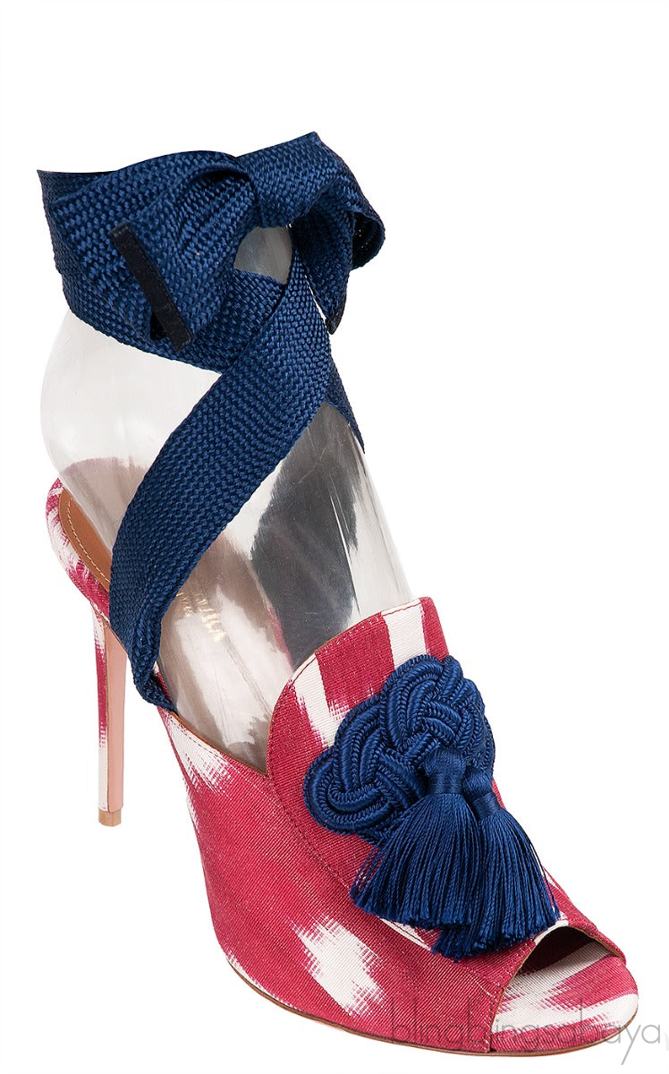 Printed Canvas Blue Tassel Wrap Around Heels