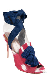 Printed Canvas Blue Tassel Wrap Around Heels