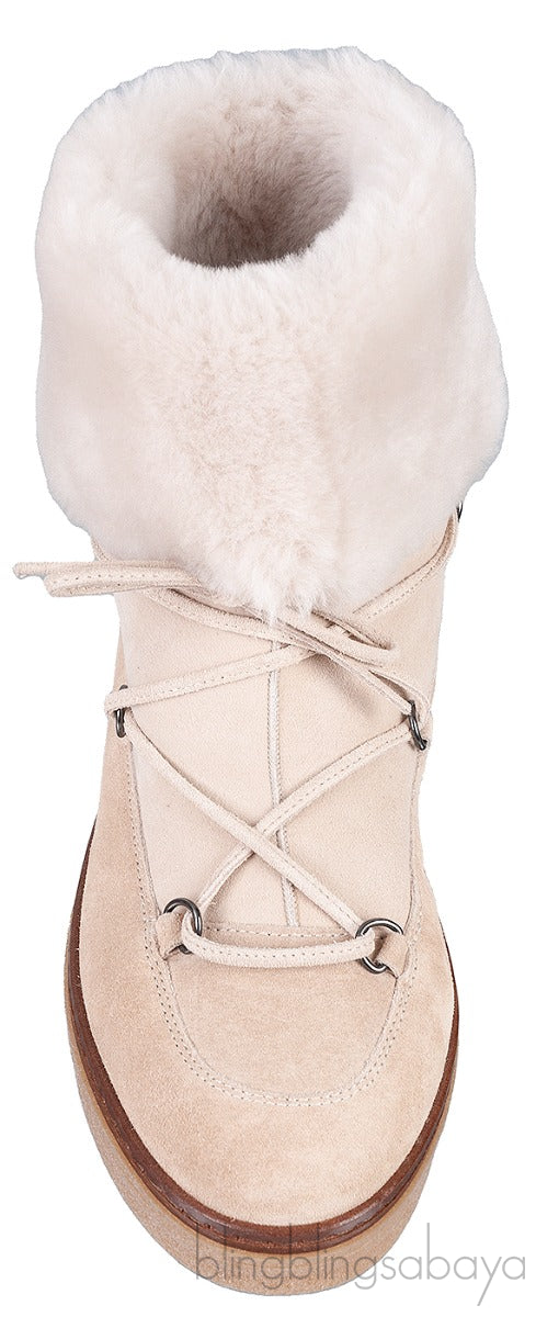 Beige Suede Fur Trim Flat Boots