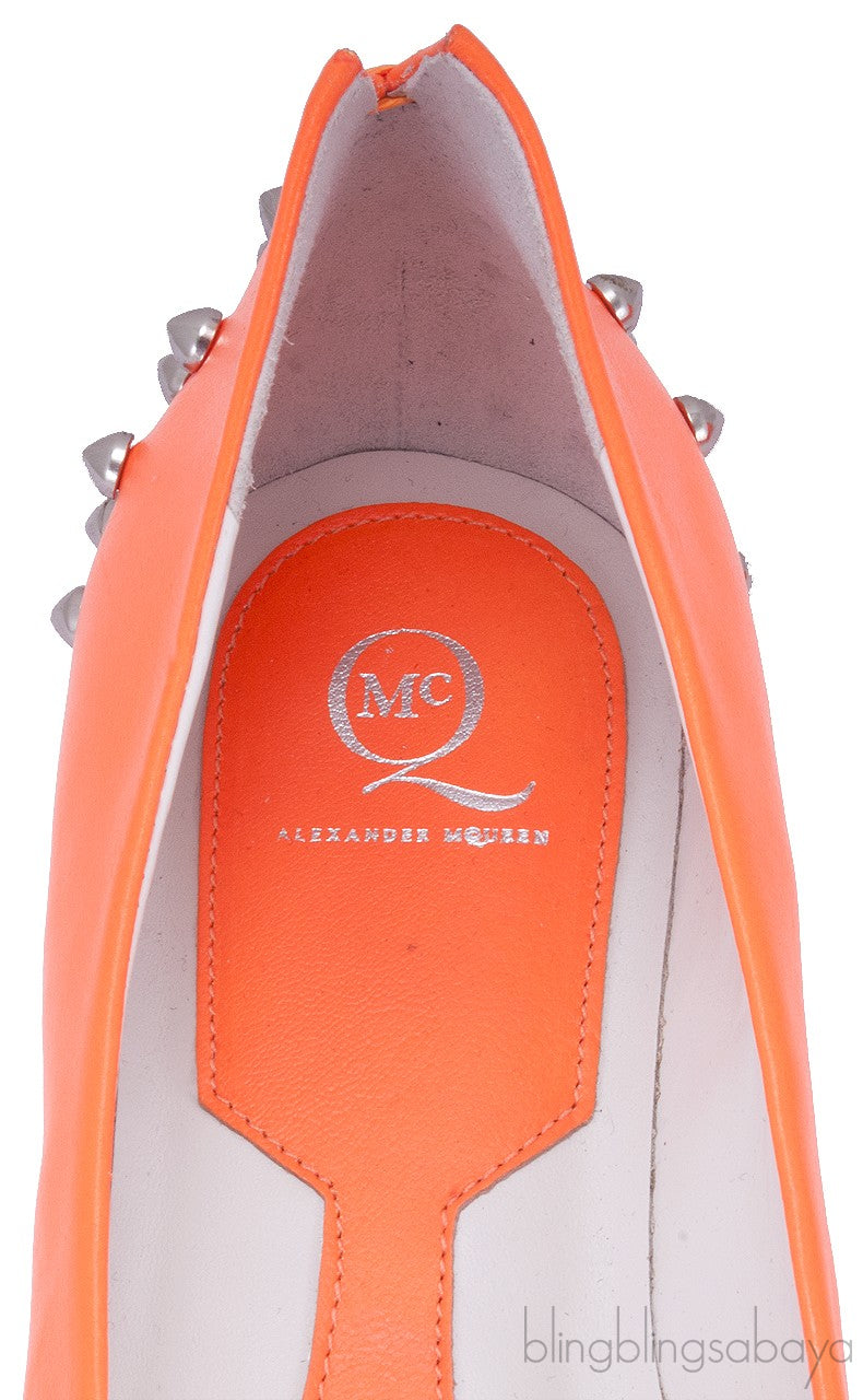Studded Neon Orange Leather Flat