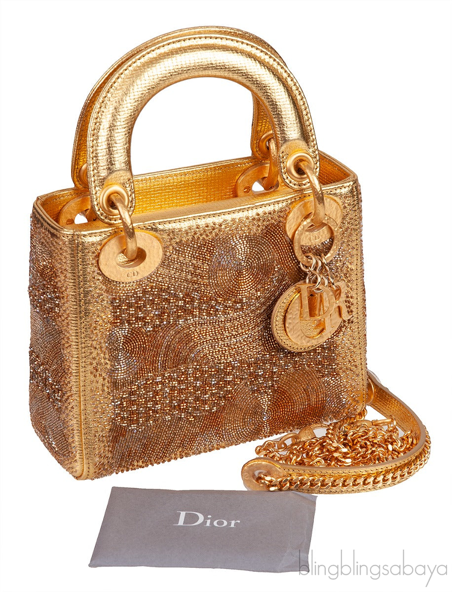 Lady Dior Mini Gold Bead Embellished Bag
