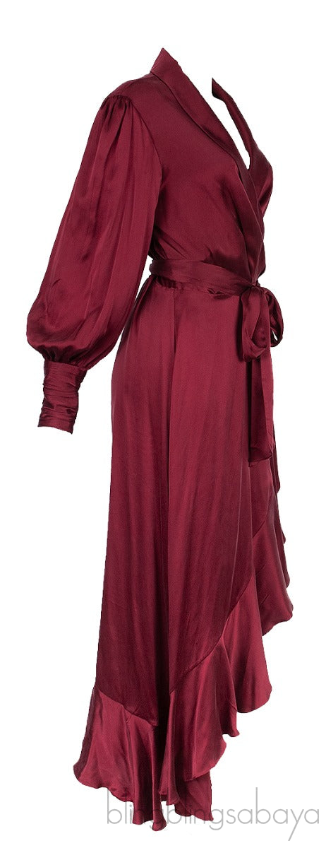 Maroon Wrap Ruffle Trim Dress