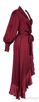 Maroon Wrap Ruffle Trim Dress