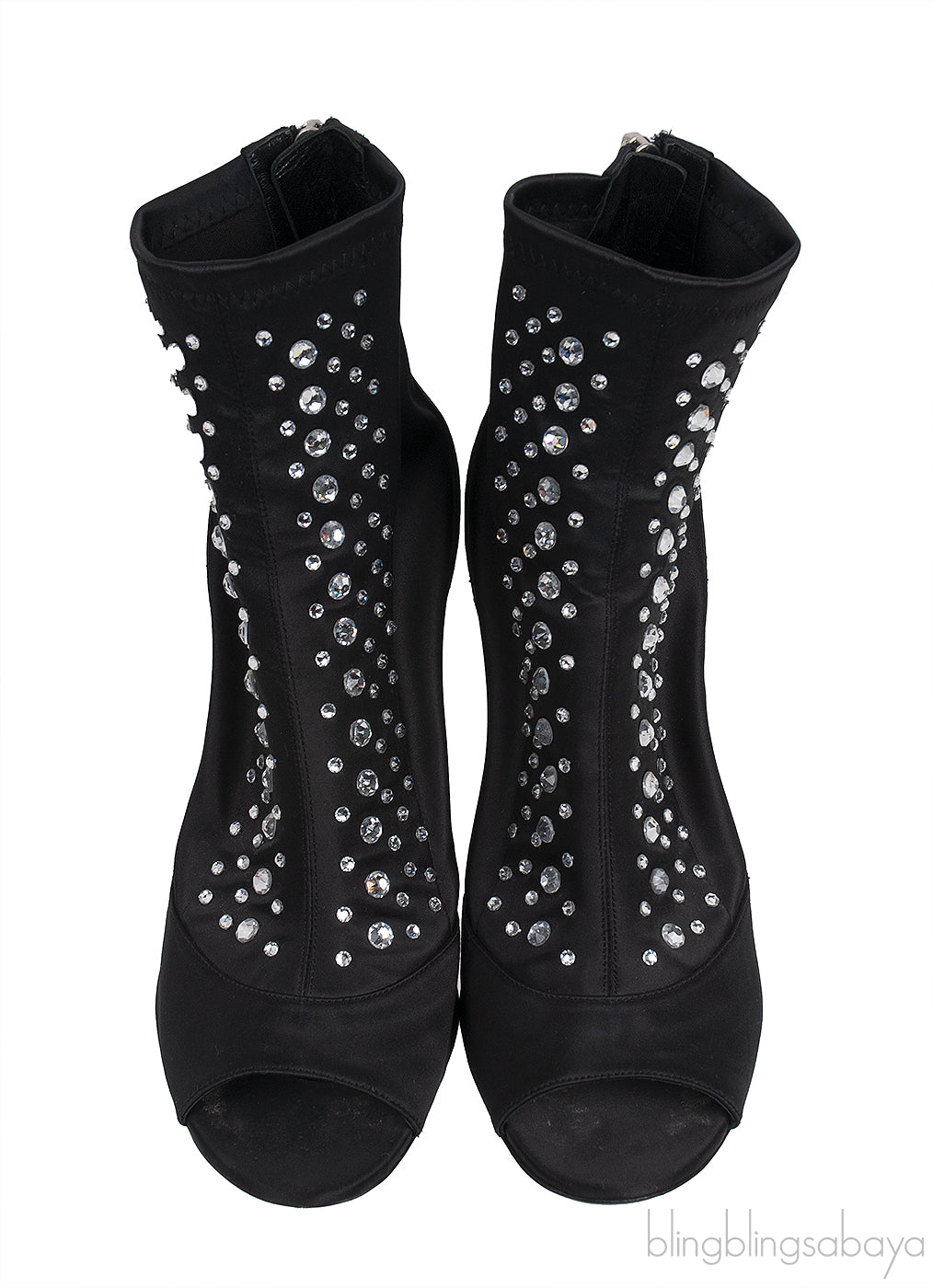 Black Satin Crystal Embellished Peep Toe Boots