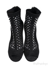 Black Satin Crystal Embellished Peep Toe Boots