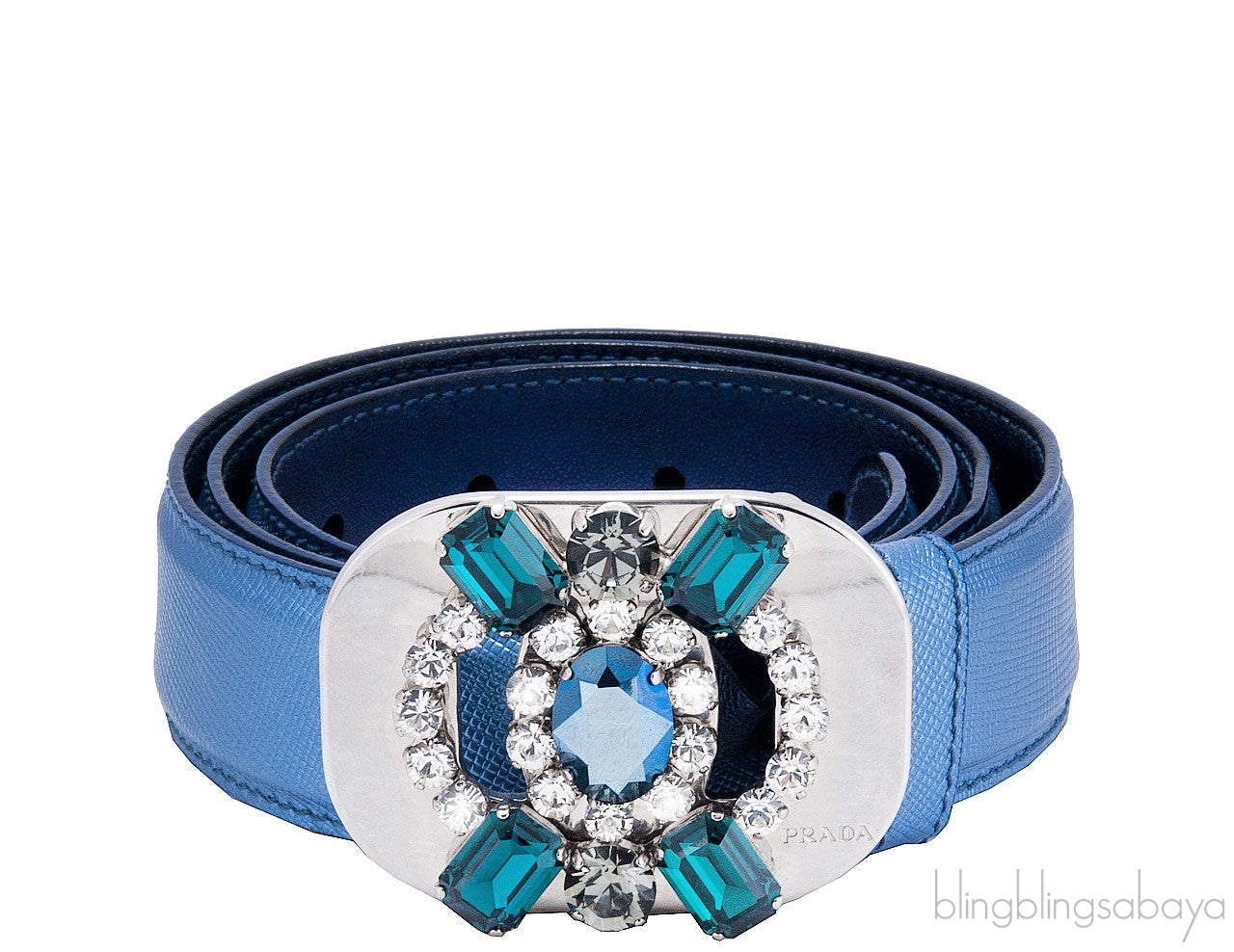 Blue Saffiano Jeweled Buckle Belt*