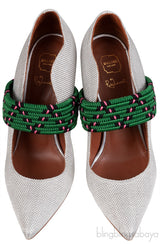 Silver Raffia & Green Fabric Heels