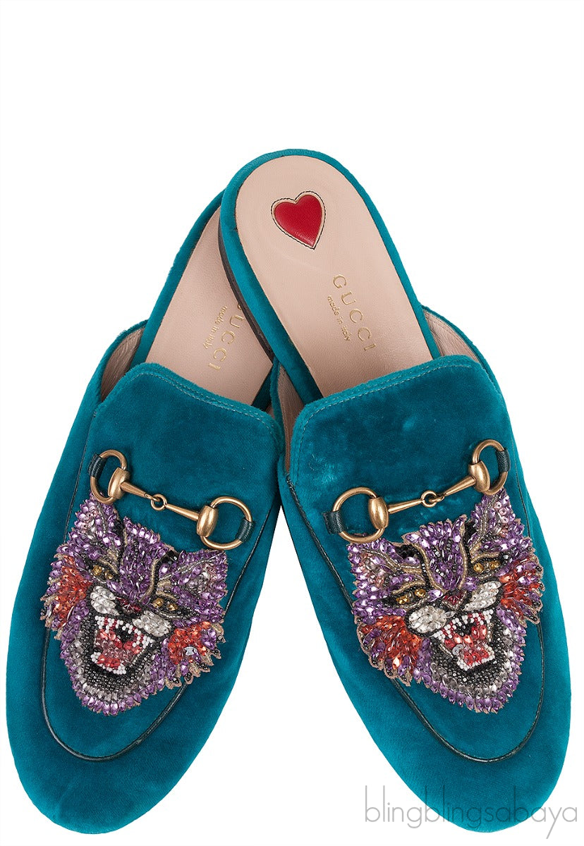 Teal Tiger Embroidered Princetown Slide