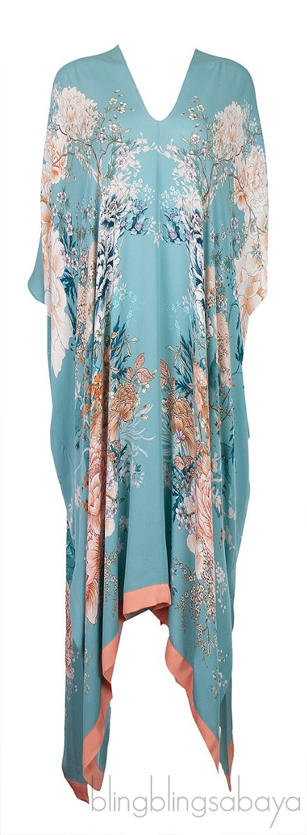 Blue Floral Print Silk Kaftan Dress