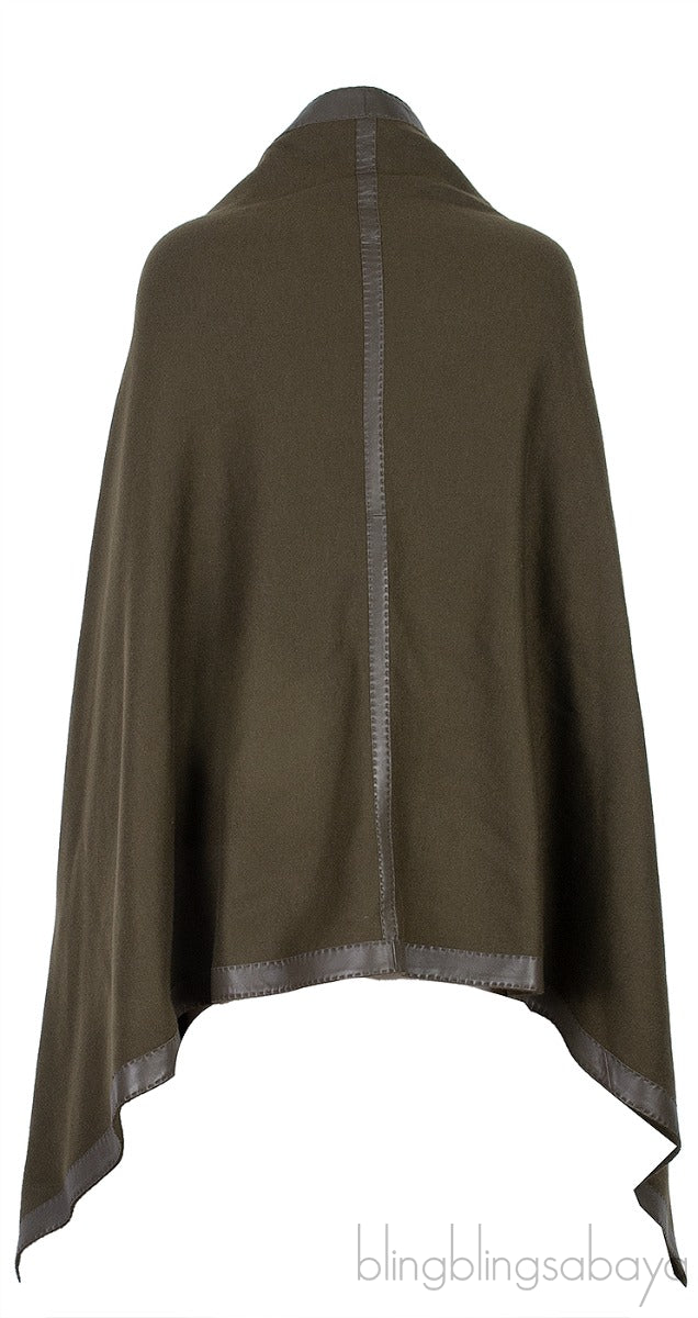 Moss Green Cashmere & Wool Leather Trim Cape