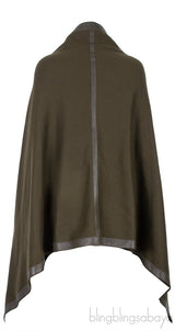 Moss Green Cashmere & Wool Leather Trim Cape