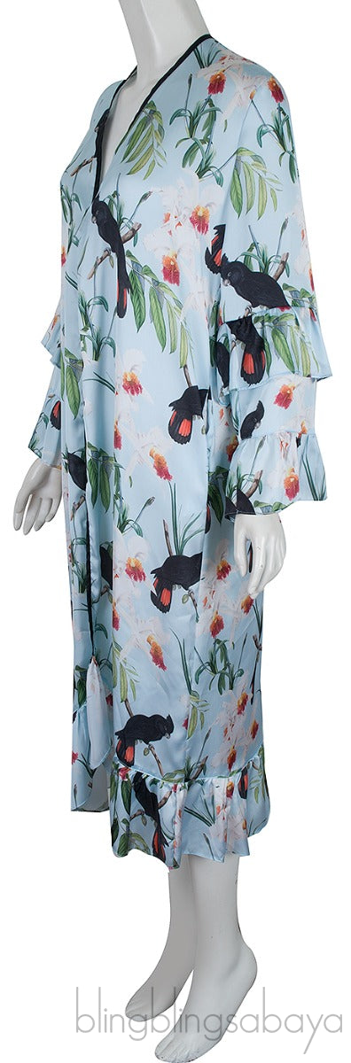 Bird Print Ruffled Kimono