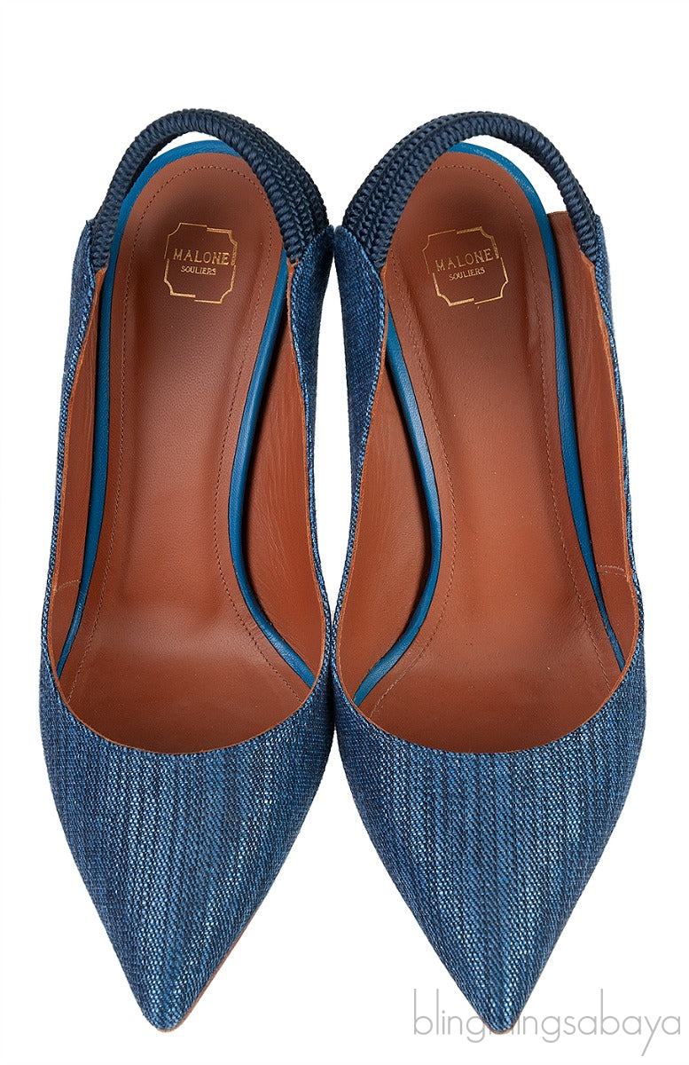 Malone Souliers Denim Pointed Toe Slingback Heels