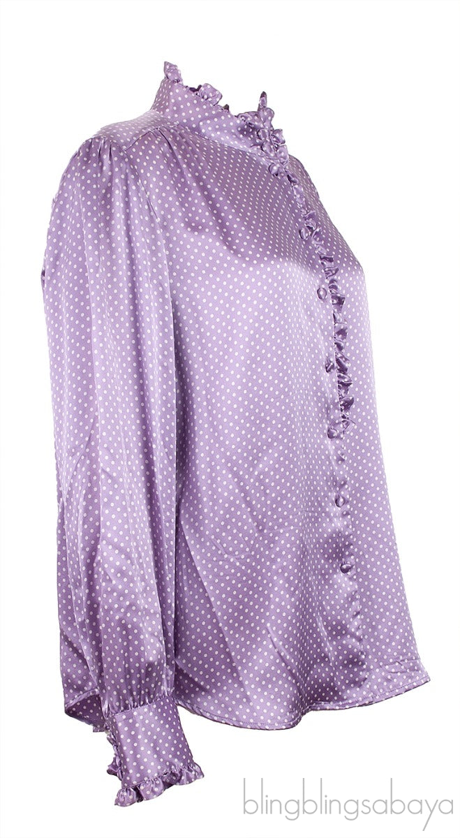 Violet Polka-dot Ruffle Trim Longsleeve Shirt