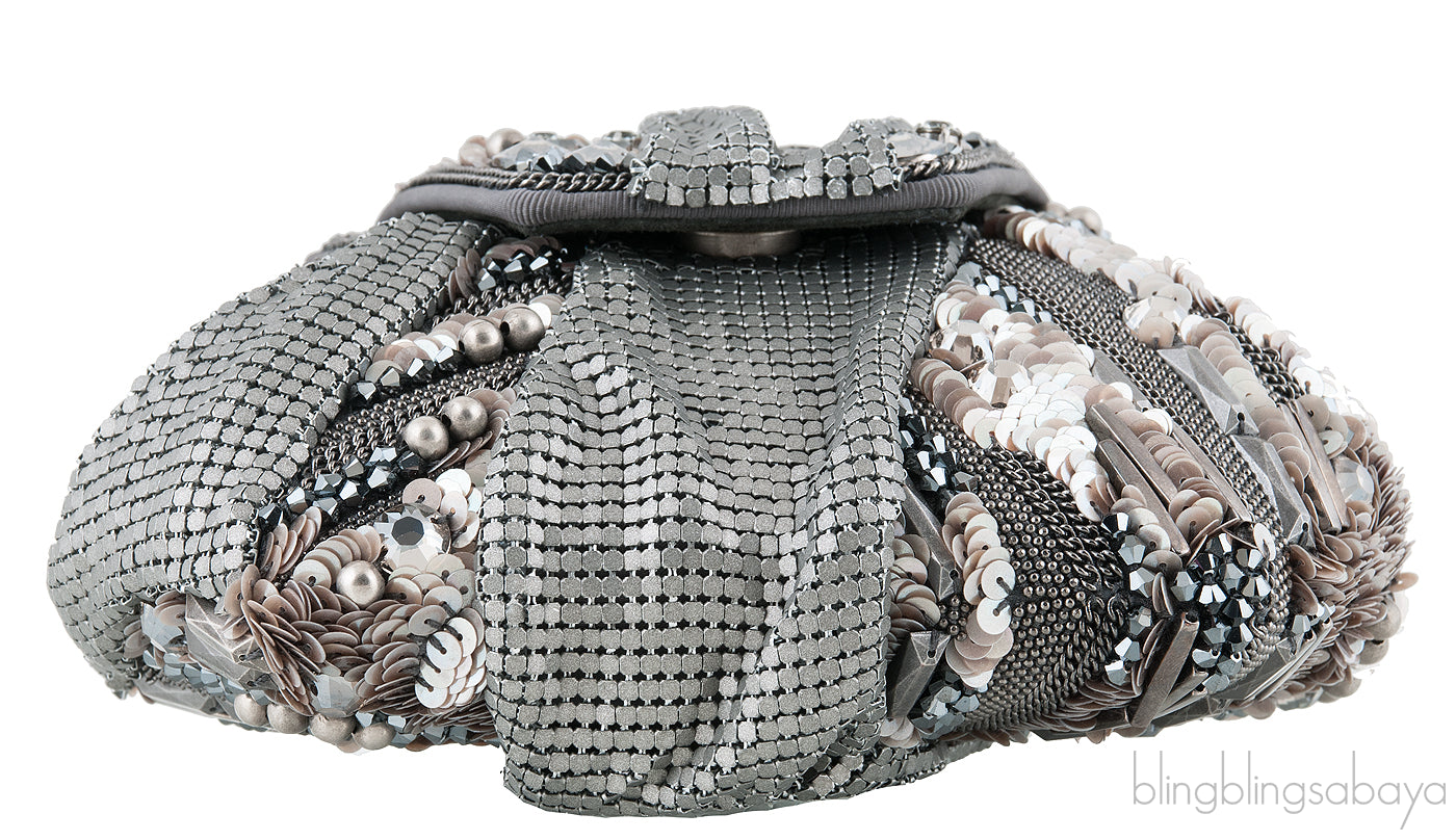 Grey Satin Metal Mesh Clutch