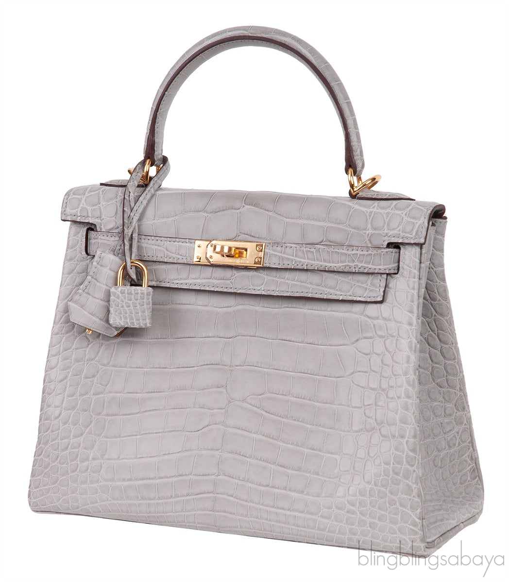 Hermes Special Order Kelly 25 Matte Gris Perle Crocodile and Toffee GHW