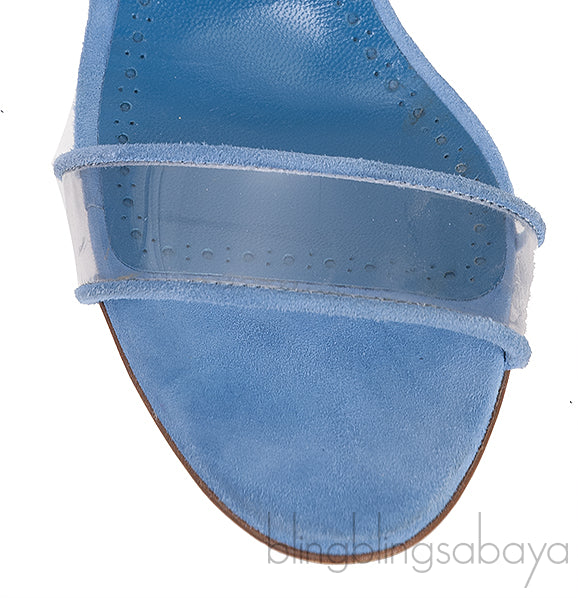 Manolo Blahnik Blue Invymu Suede PVC Open Toe Mules