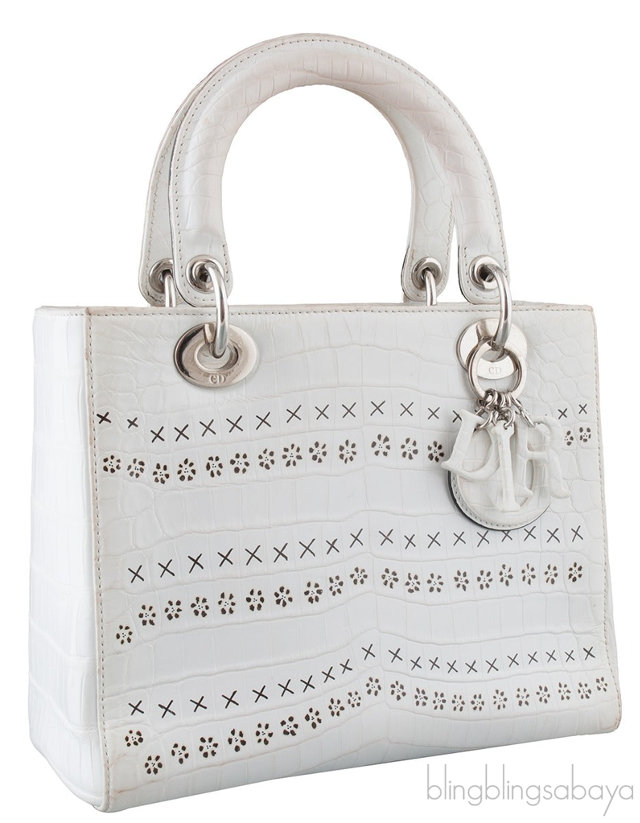 Christian Dior Lady Dior White Printed Crocodile Medium Bag
