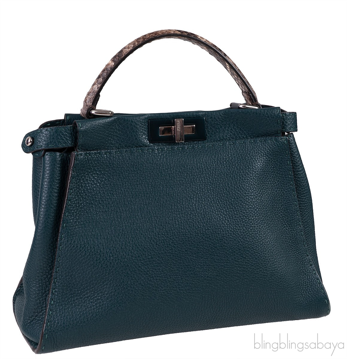 Fendi Selleria Peekaboo Dark Green Medium Python Handle Bag