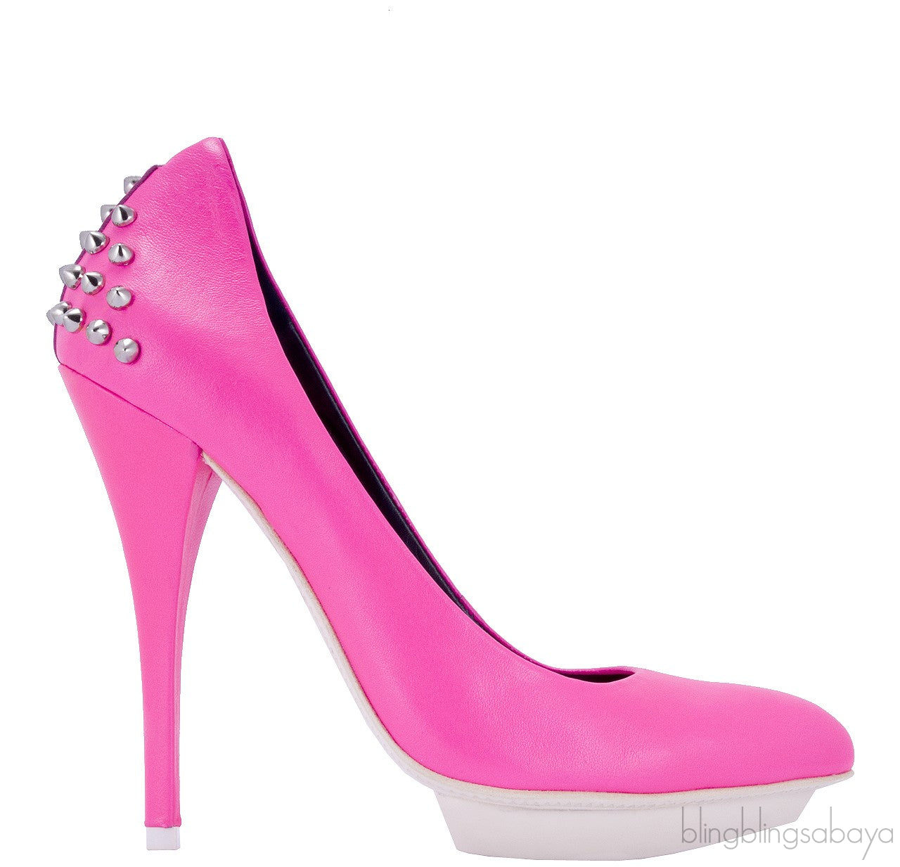 Pink Studded Neon Leather Pumps