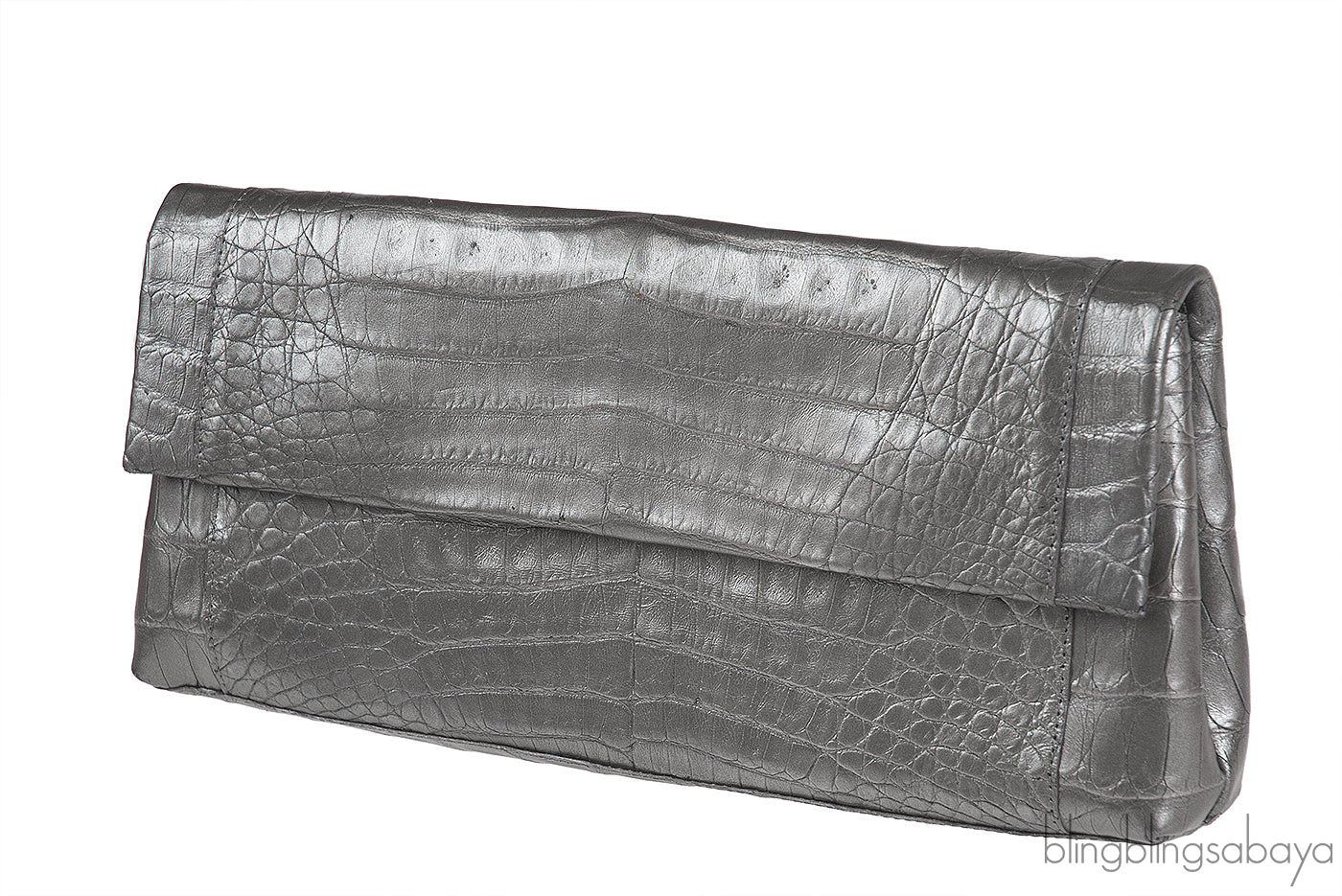 Nancy Gonzalez Grey Fold-Over Crocodile Clutch