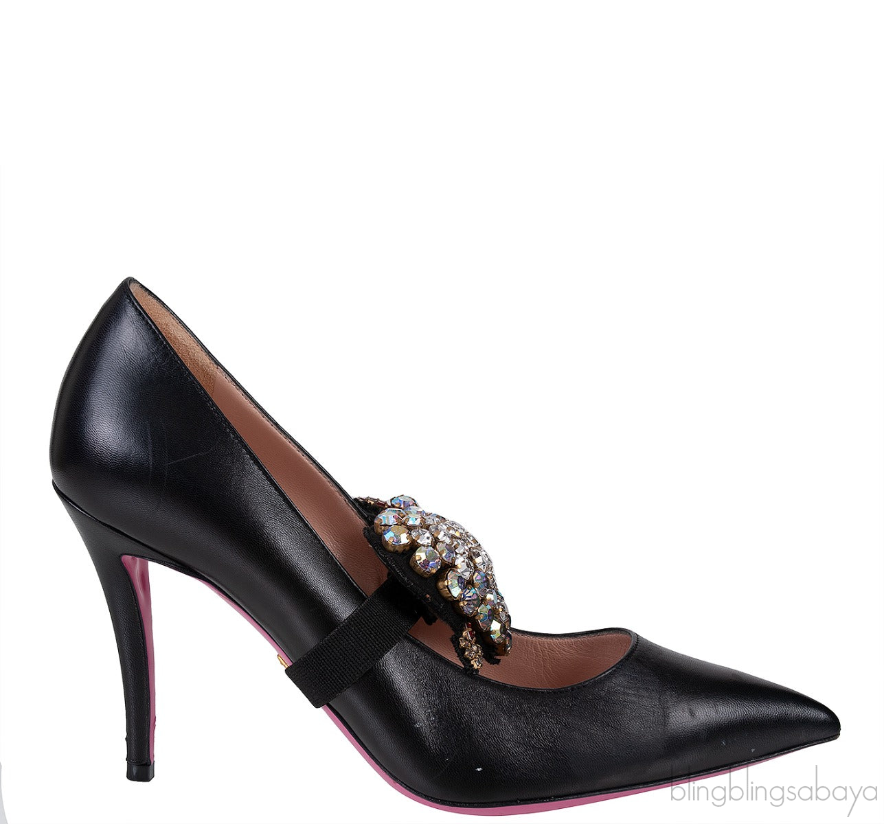 Black Leather Heart Crystal Heels