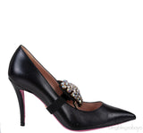 Black Leather Heart Crystal Heels