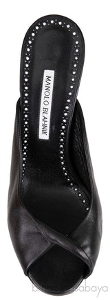 Black Leather Twisted Vamp Peep Toe Mule